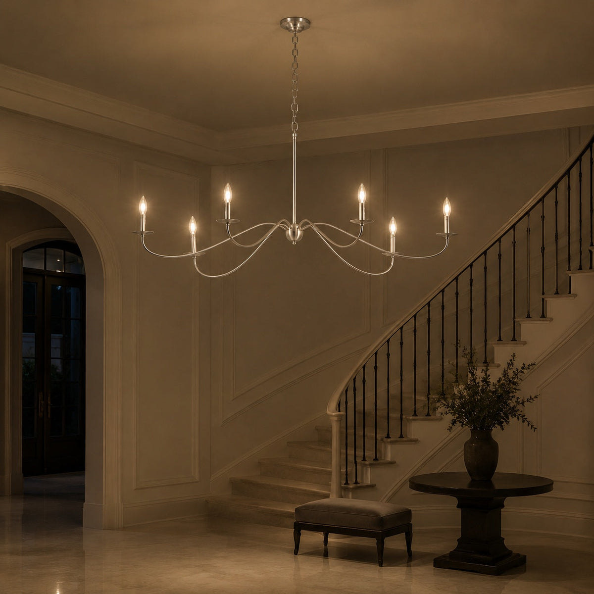 Curved Arm Six Light Chandelier 160 cm Black Brass or Nickel for Dining Room