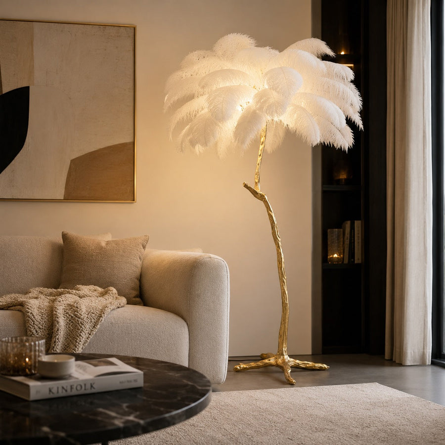 Ostrich Feather Floor Lamp with Copper Base Soft Ambient Light 120 to 200 cm