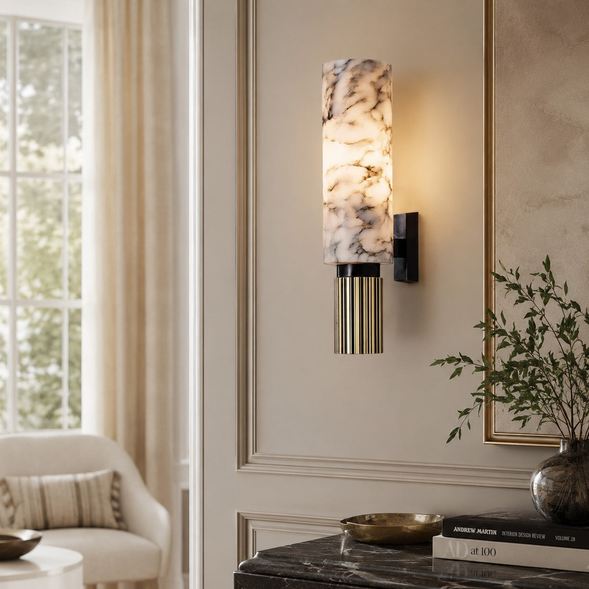 Alabaster Cylinder Wall Sconce Fluted Copper Base Natural Stone Totem Light