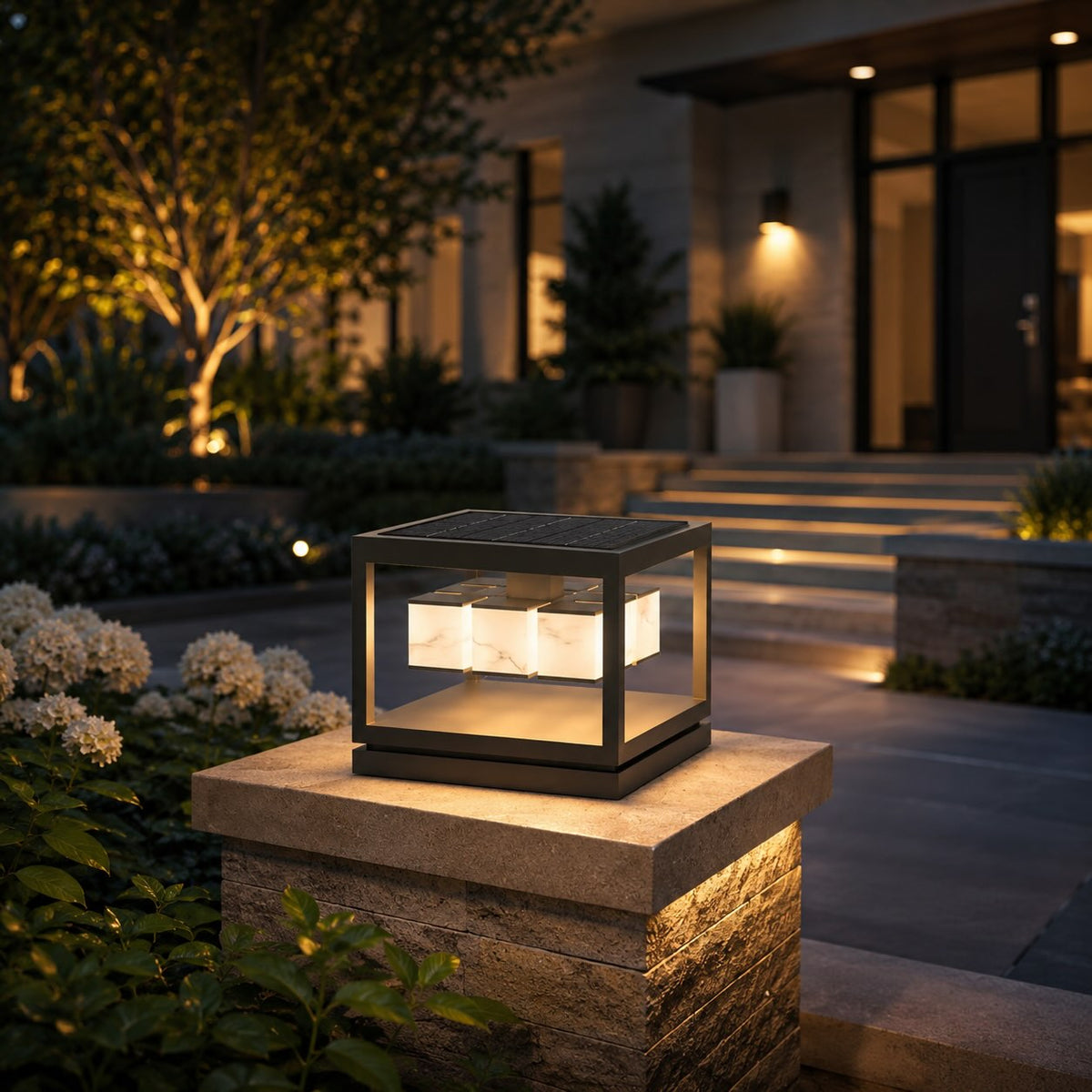 Layered Square Deck Post Light Stainless Steel Solar 12V or Hardwired Warm LED