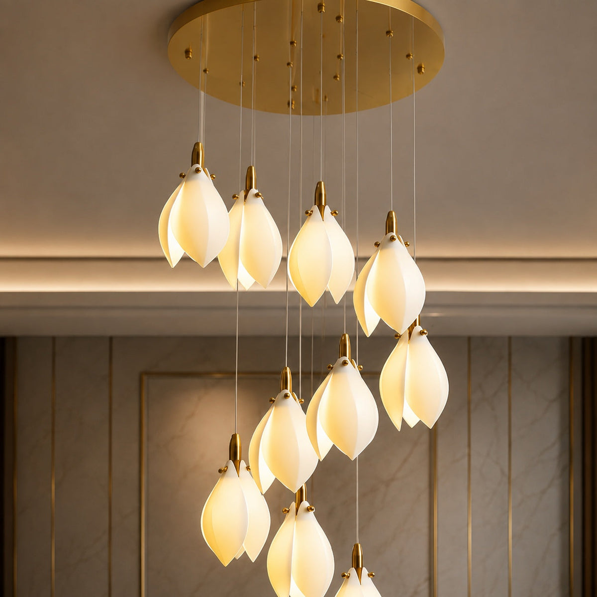 Ceramic Petal Cascade Chandelier Gold 7 to 64 Lights for Staircase & Foyer