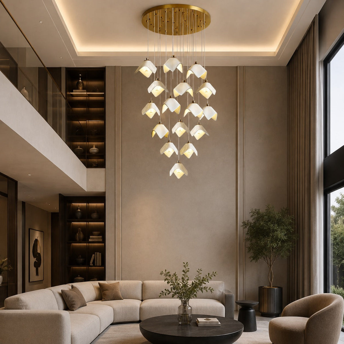 Ceramic Petal Cascade Chandelier Gold Iron Adjustable LED 7 to 64 Light