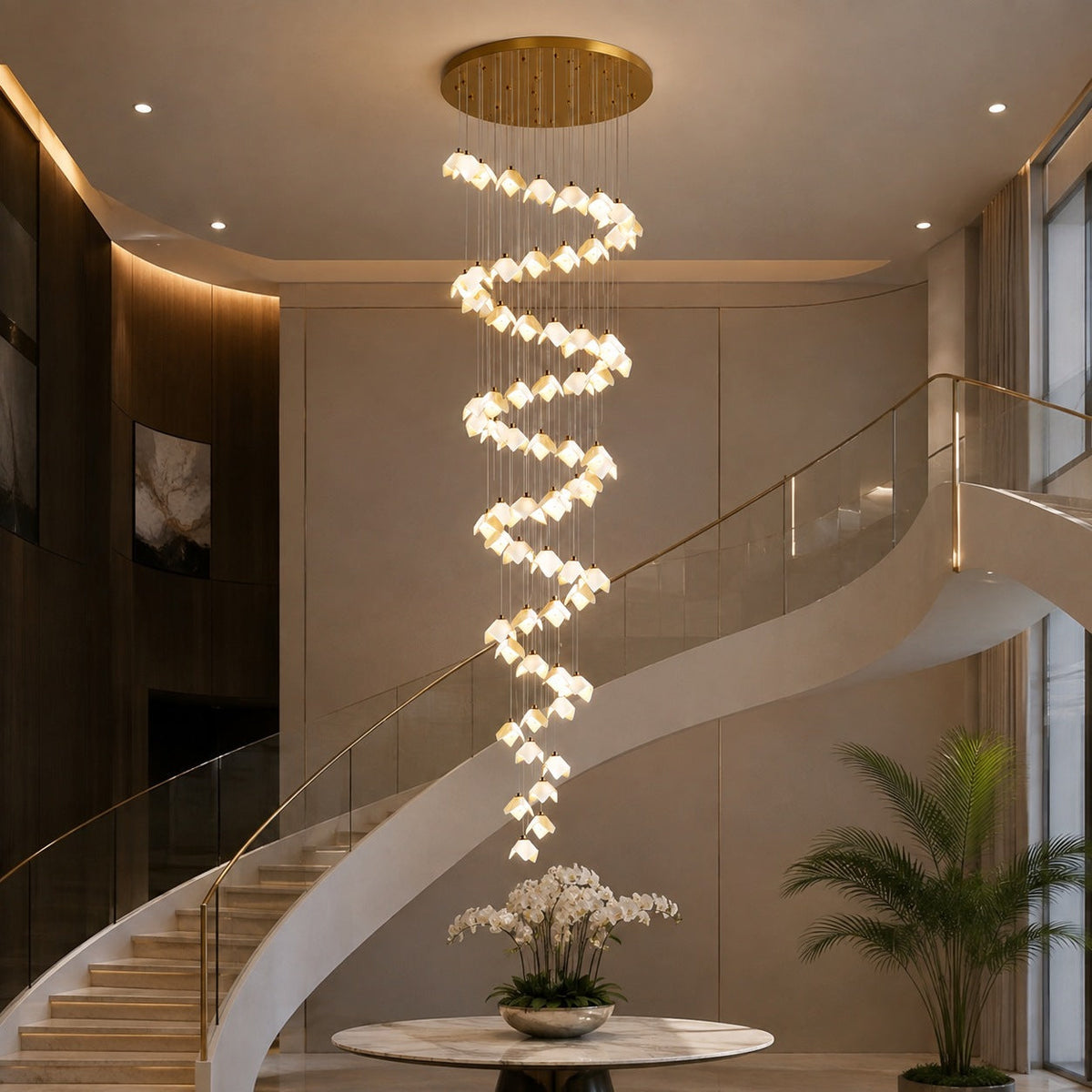 Ceramic Petal Cascade Chandelier Gold Iron Adjustable LED 7 to 64 Light