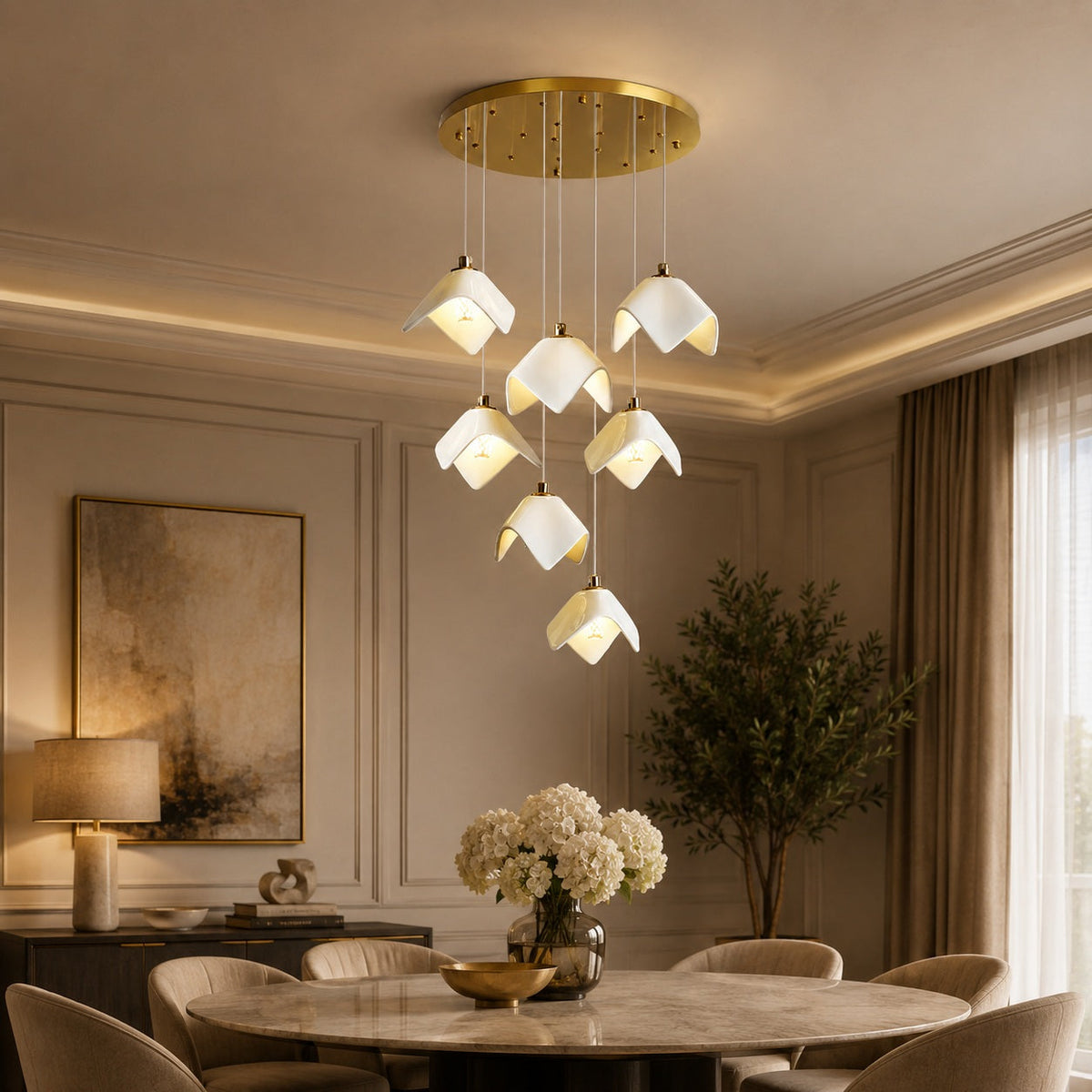 Ceramic Petal Cascade Chandelier Gold Iron Adjustable LED 7 to 64 Light