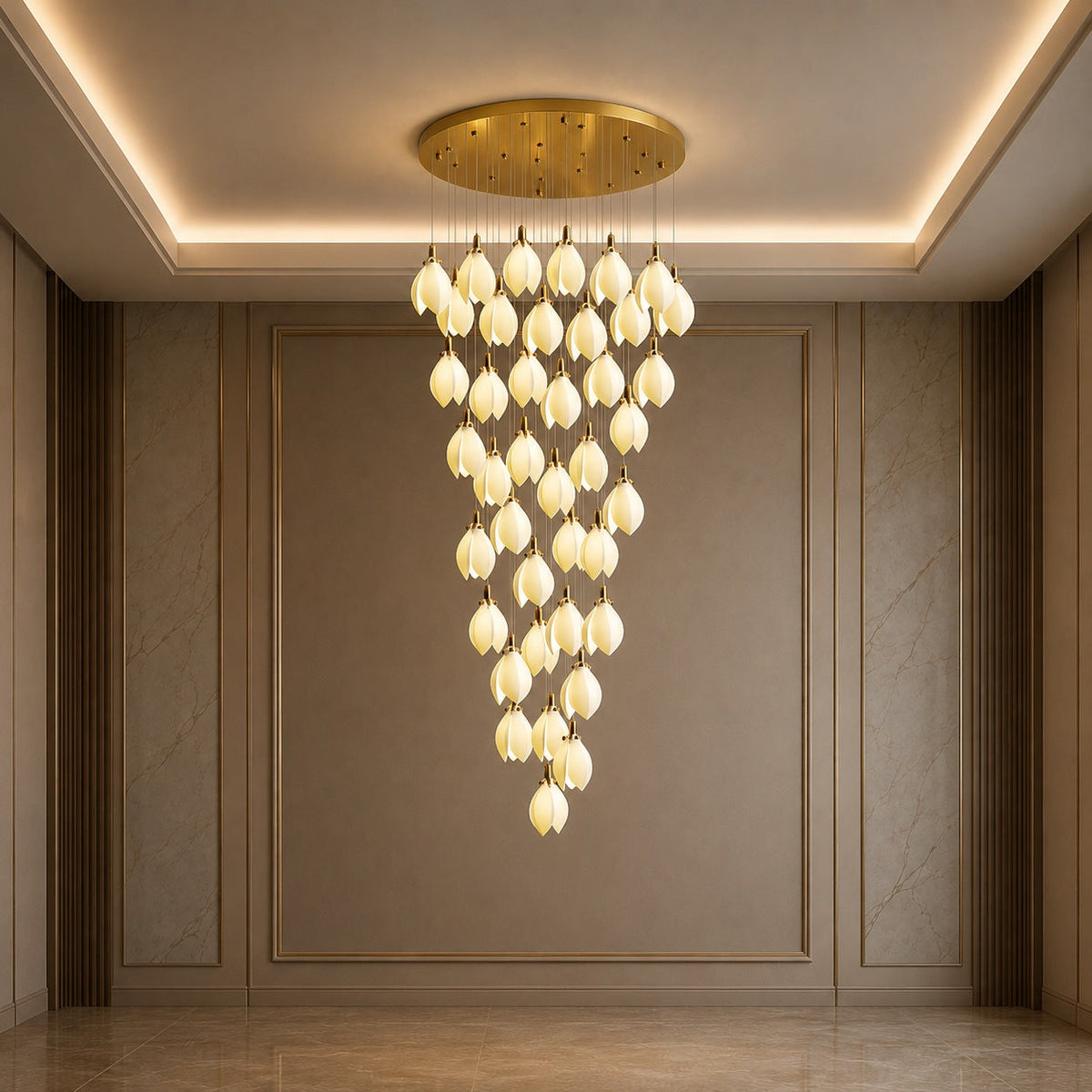 Ceramic Petal Cascade Chandelier Gold 7 to 64 Lights for Staircase & Foyer