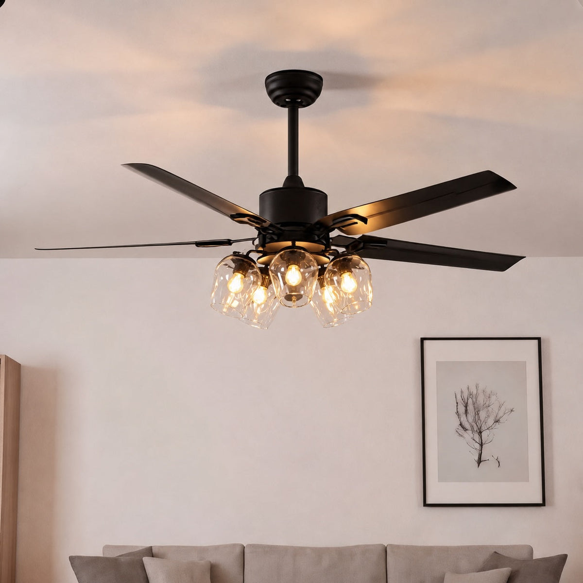 Industrial Black Metal Ceiling Fan with LED Light 3-Speed in Three Sizes