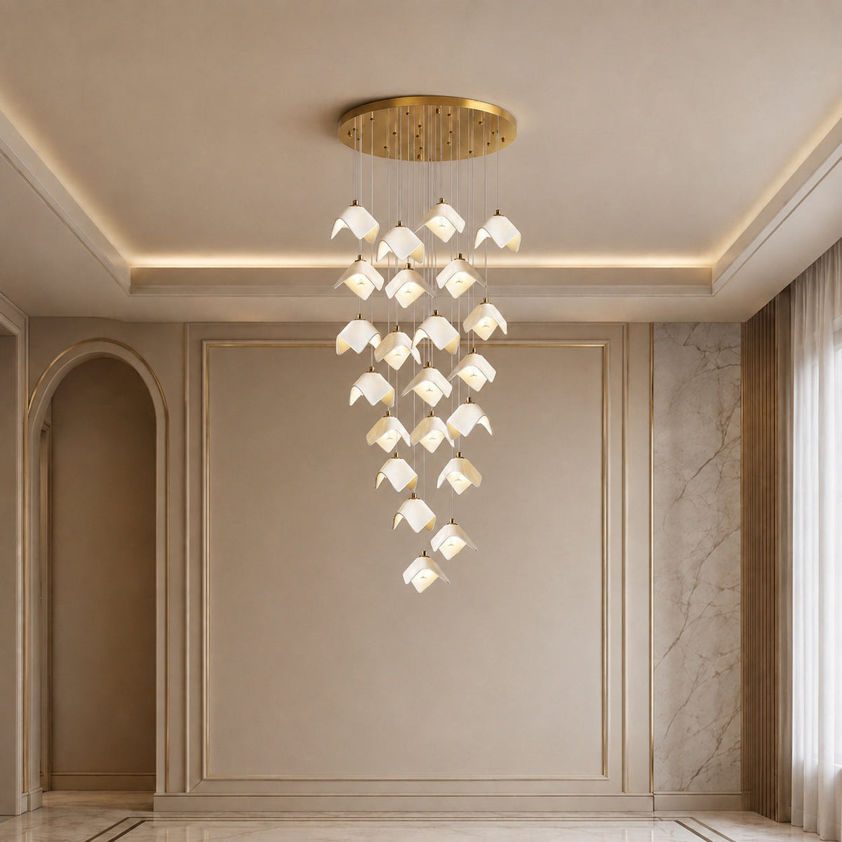 Ceramic Petal Cascade Chandelier Gold Iron Adjustable LED 7 to 64 Light