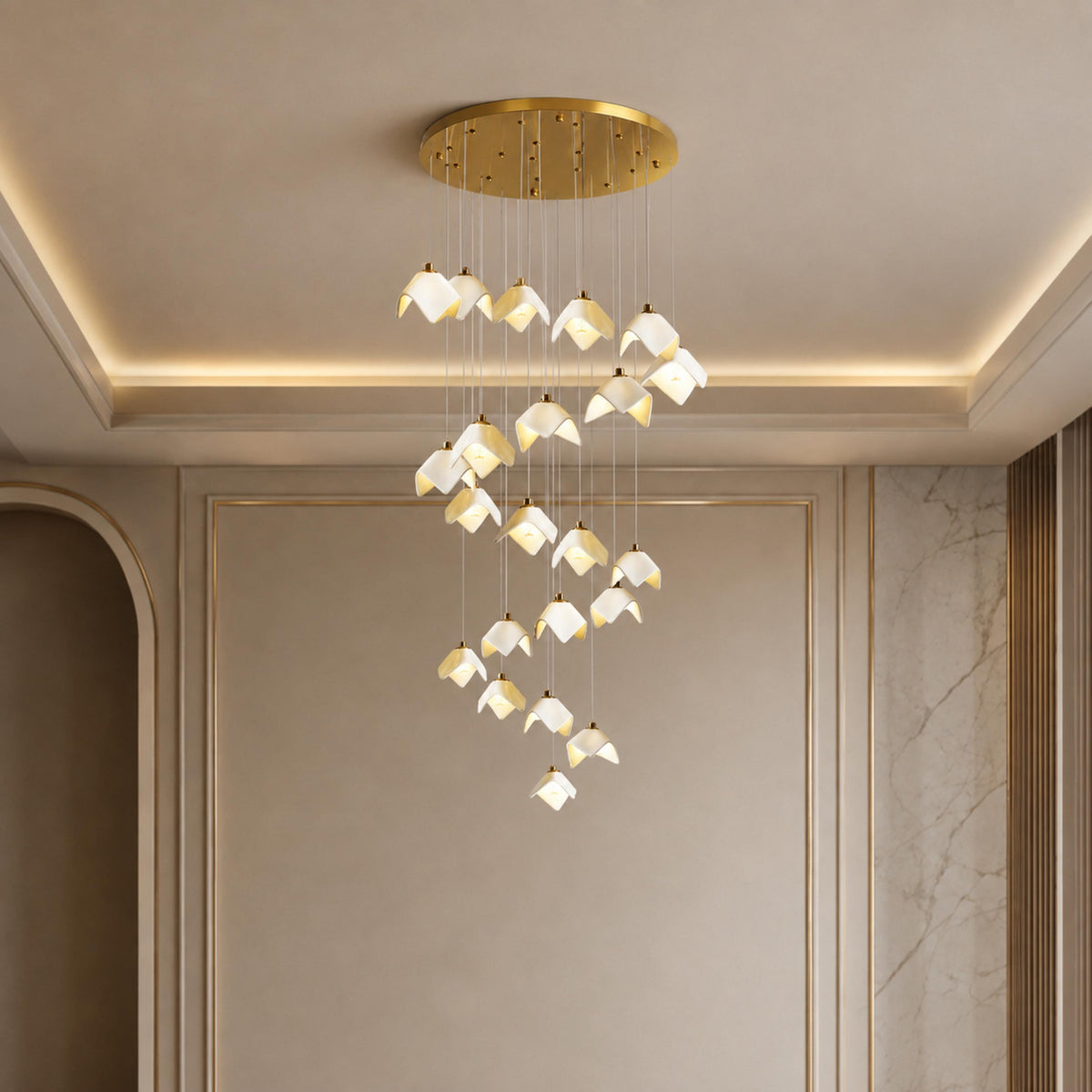 Ceramic Petal Cascade Chandelier Gold Iron Adjustable LED 7 to 64 Light
