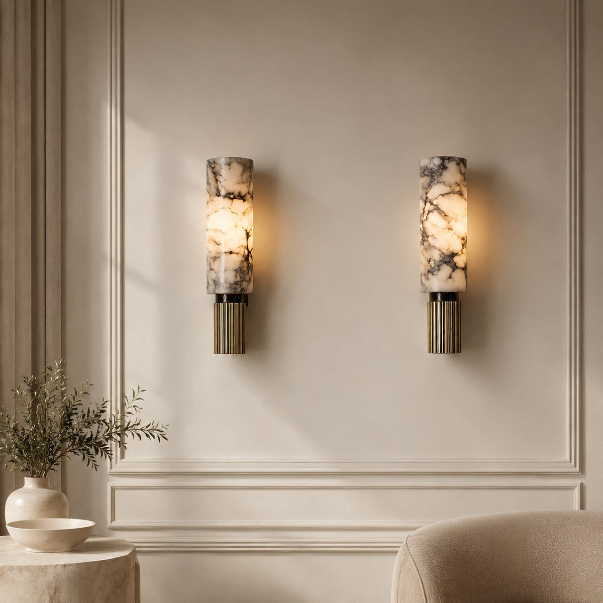 Alabaster Cylinder Wall Sconce Fluted Copper Base Natural Stone Totem Light