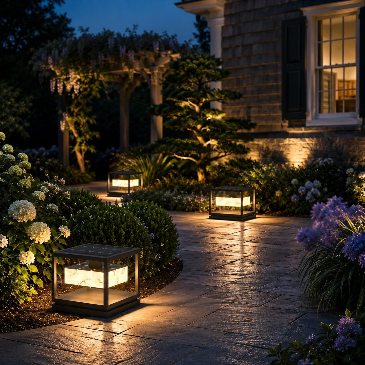 Layered Square Deck Post Light Stainless Steel Solar 12V or Hardwired Warm LED