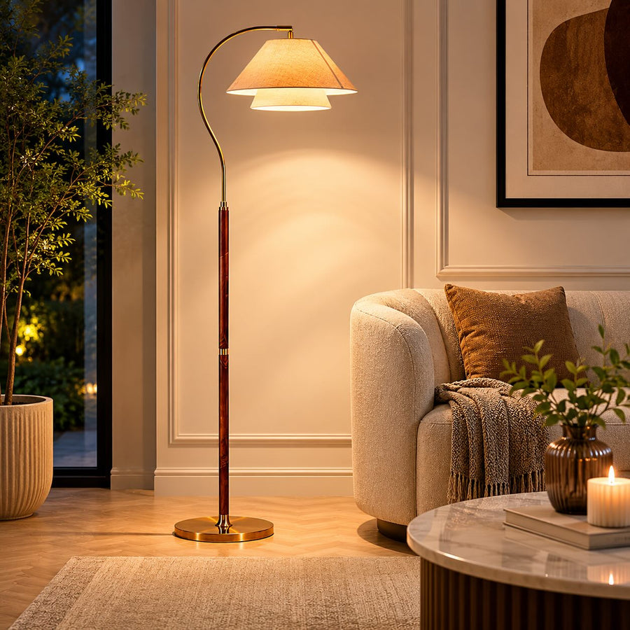 Walnut & Linen Floor Lamp with Metal Base LED for Living Room & Bedroom