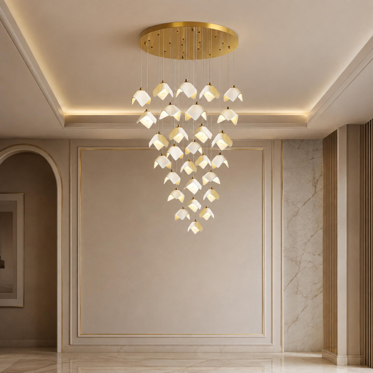 Ceramic Petal Cascade Chandelier Gold Iron Adjustable LED 7 to 64 Light