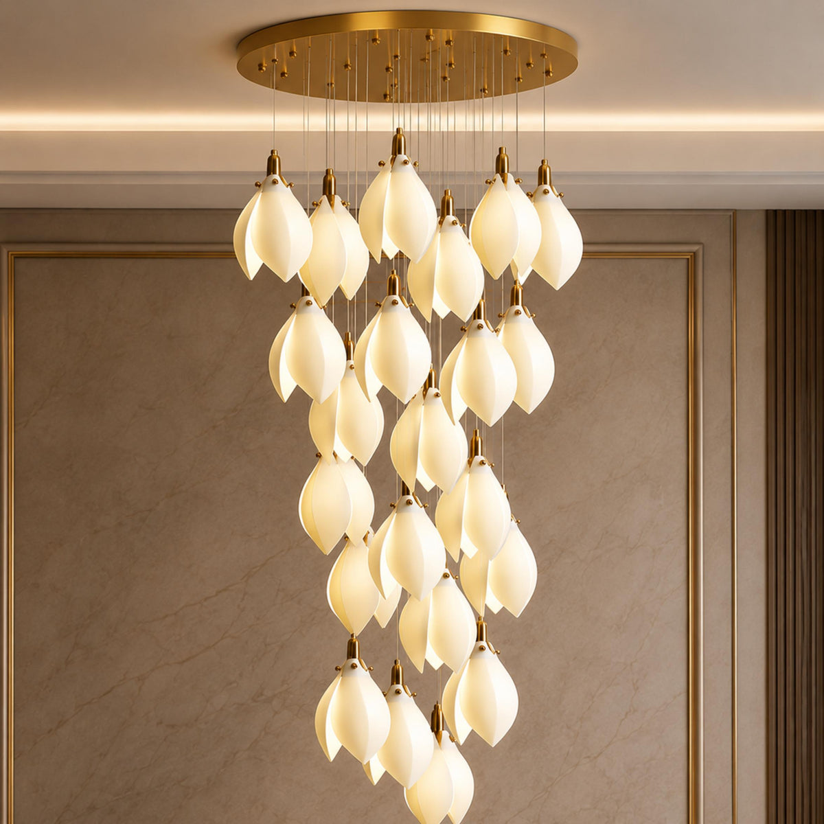 Ceramic Petal Cascade Chandelier Gold 7 to 64 Lights for Staircase & Foyer