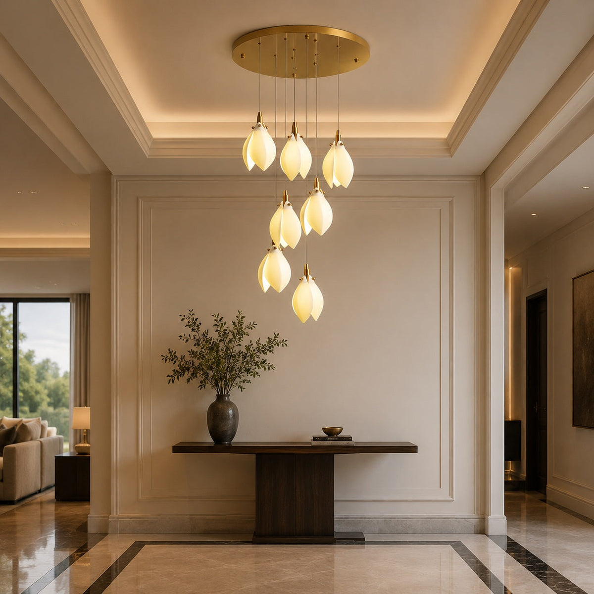 Ceramic Petal Cascade Chandelier Gold 7 to 64 Lights for Staircase & Foyer