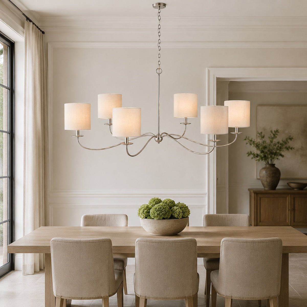 Curved Arm Six Light Chandelier 160 cm Black Brass or Nickel for Dining Room