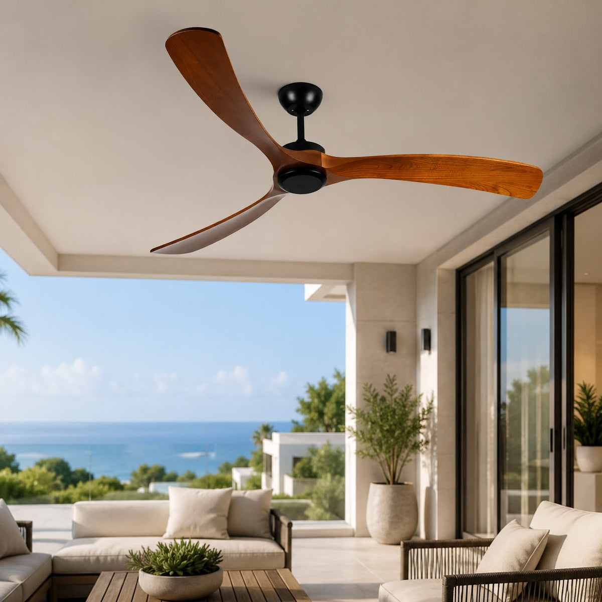 Walnut Wood Blade Outdoor Ceiling Fan IP65 Waterproof 6 Speed 105 to 152 cm