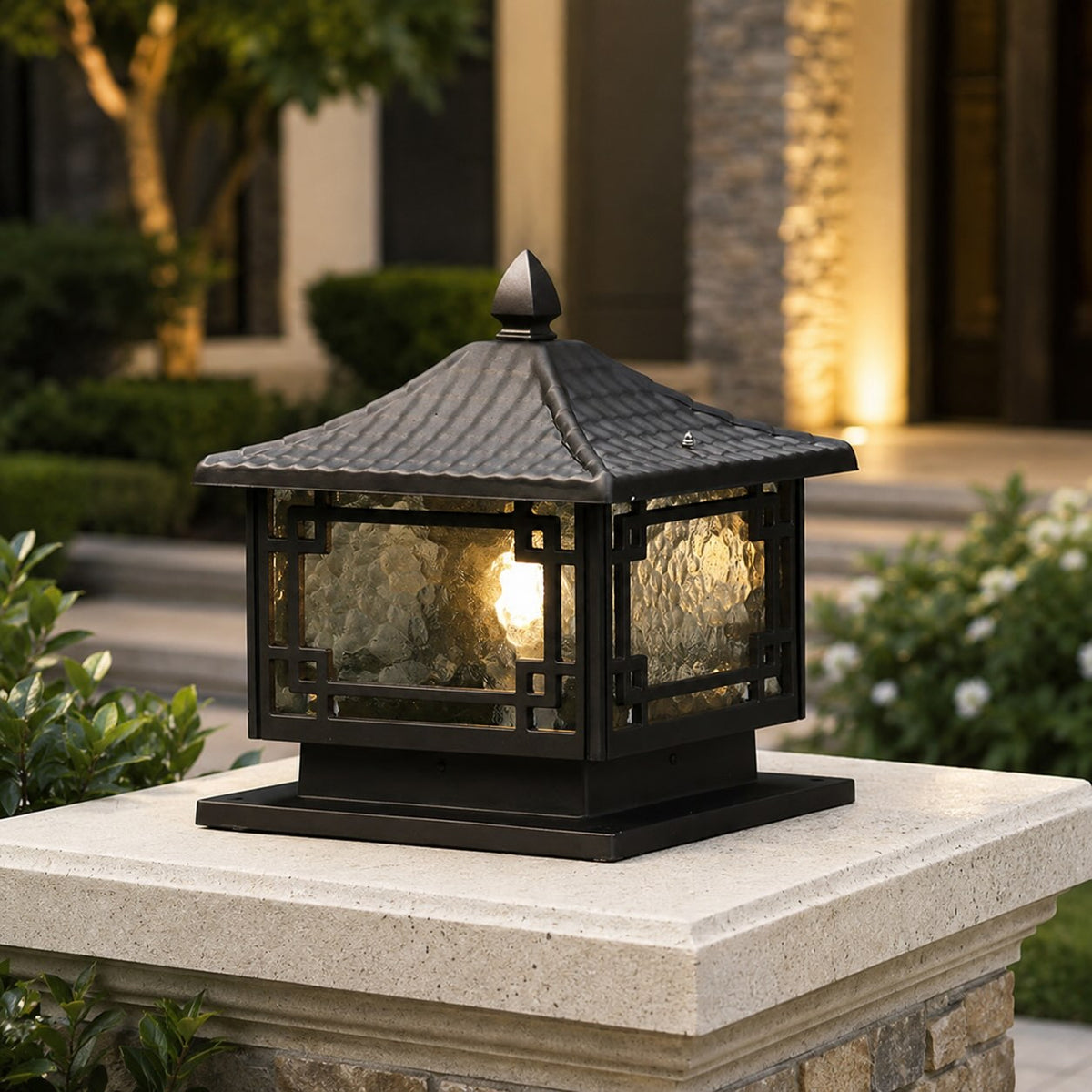 Coffee Gold Square Frosted Glass Pillar Light Solar or Hardwired for Garden IP54