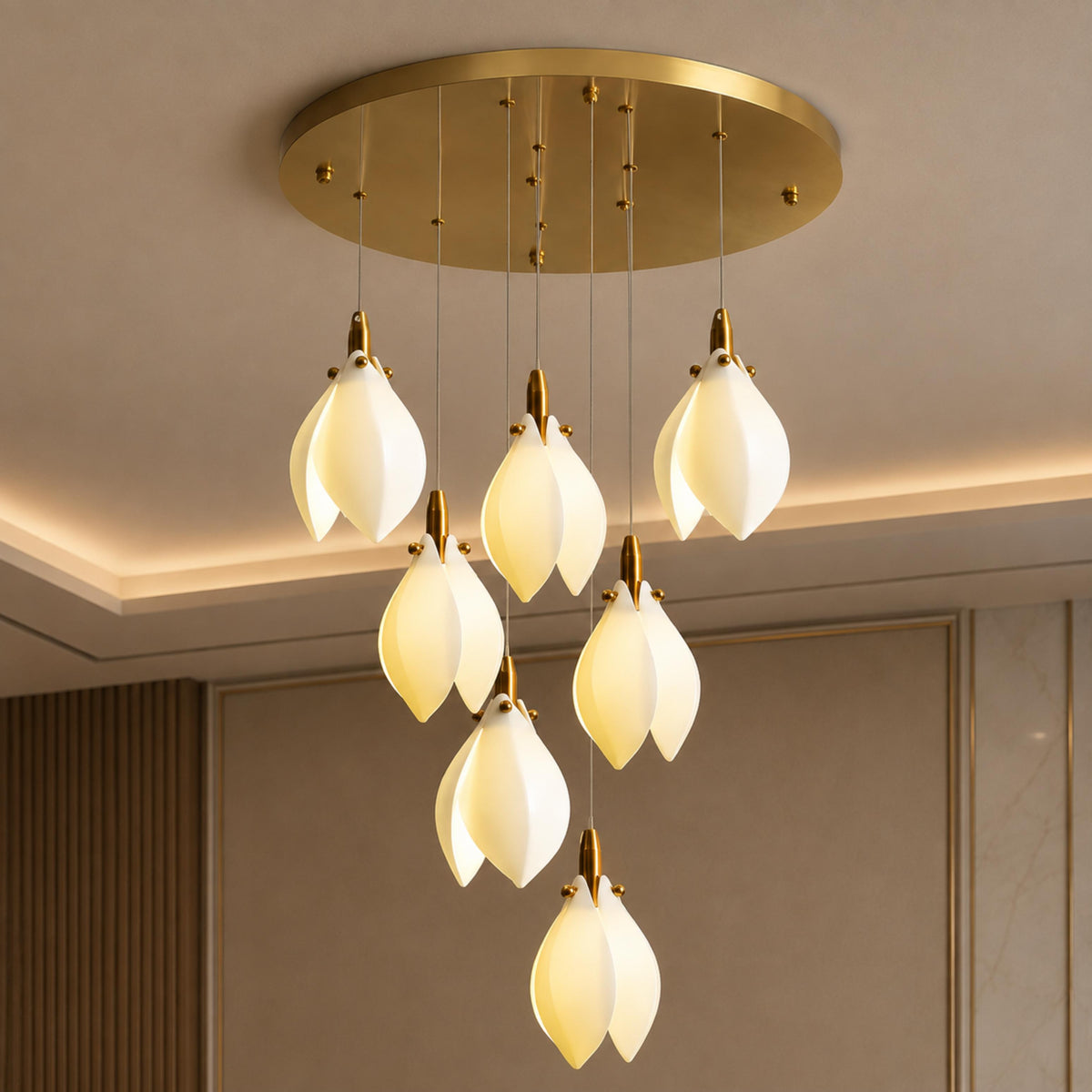 Ceramic Petal Cascade Chandelier Gold 7 to 64 Lights for Staircase & Foyer
