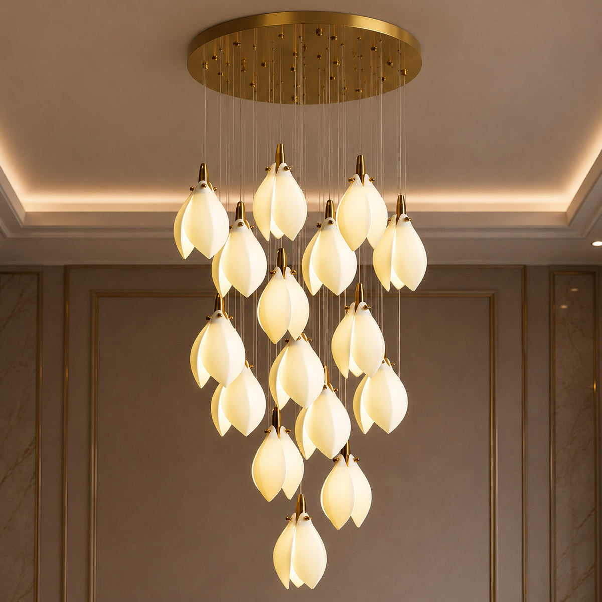 Ceramic Petal Cascade Chandelier Gold 7 to 64 Lights for Staircase & Foyer