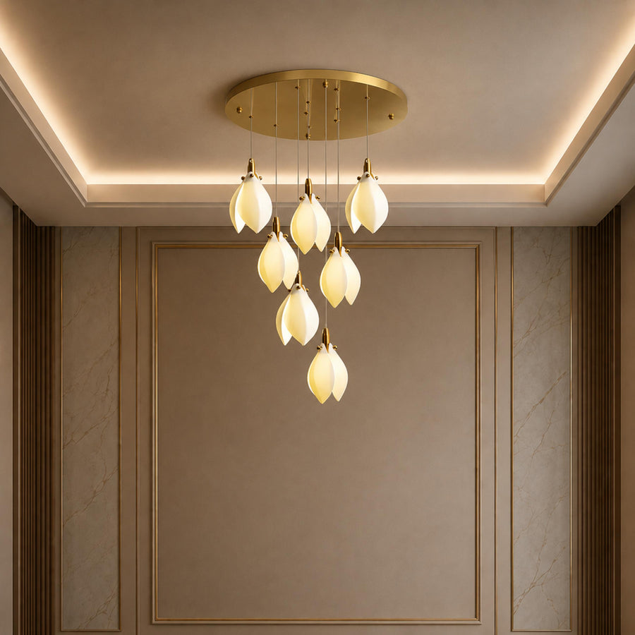Ceramic Petal Cascade Chandelier Gold 7 to 64 Lights for Staircase & Foyer