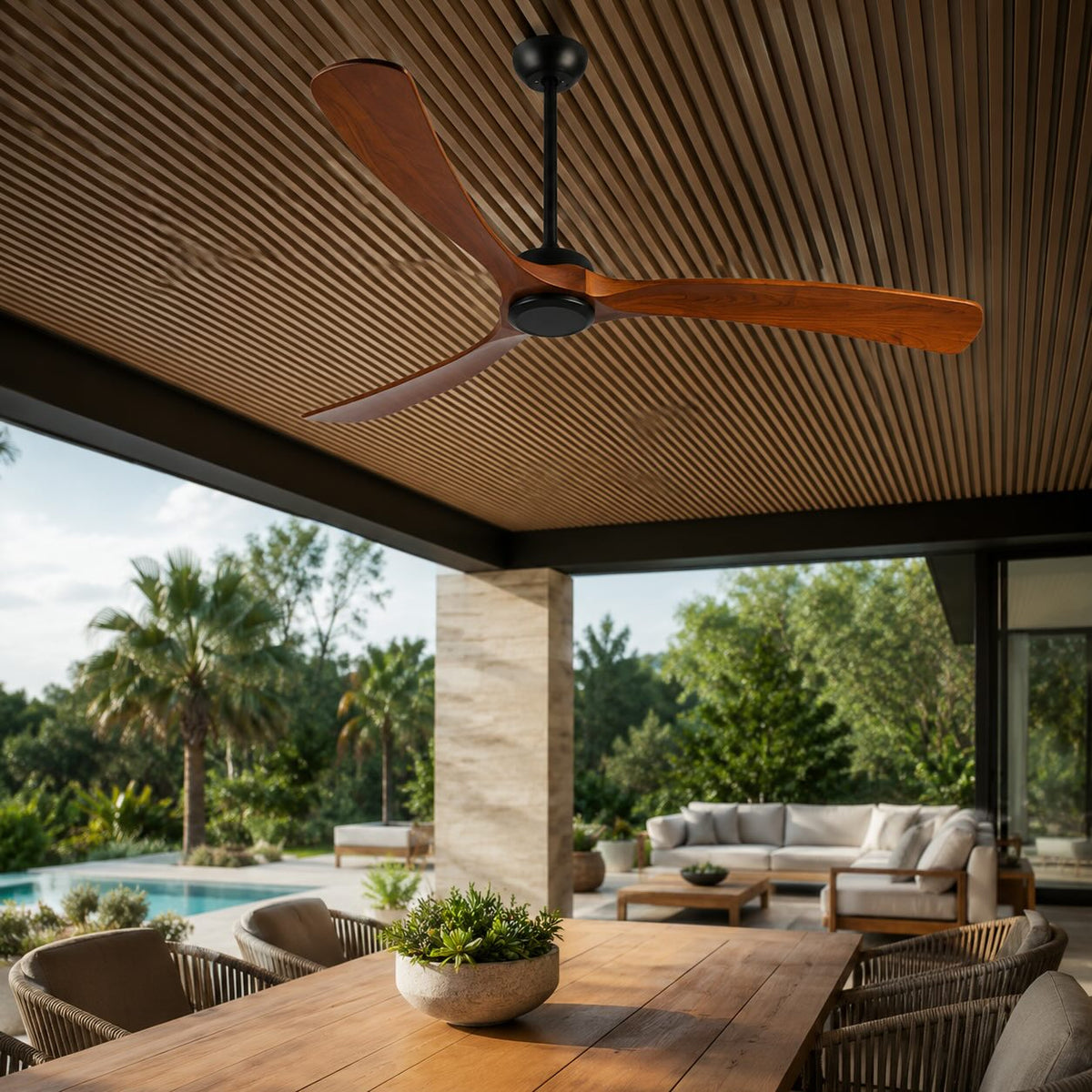 Walnut Wood Blade Outdoor Ceiling Fan IP65 Waterproof 6 Speed 105 to 152 cm