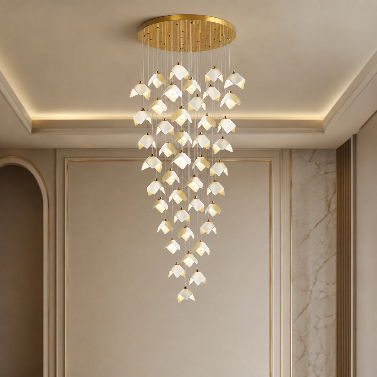 Ceramic Petal Cascade Chandelier Gold Iron Adjustable LED 7 to 64 Light