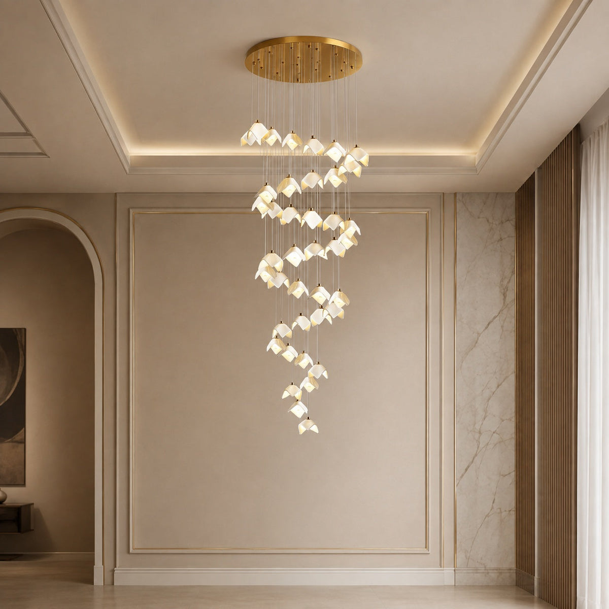 Ceramic Petal Cascade Chandelier Gold Iron Adjustable LED 7 to 64 Light