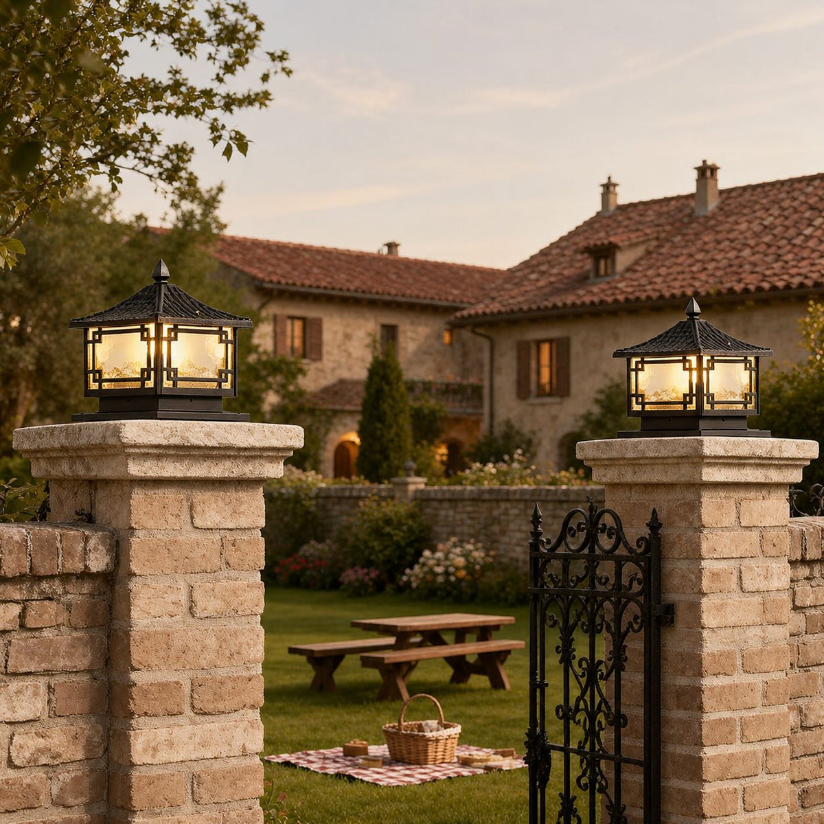 Coffee Gold Square Frosted Glass Pillar Light Solar or Hardwired for Garden IP54