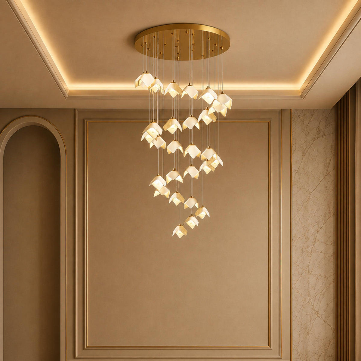 Ceramic Petal Cascade Chandelier Gold Iron Adjustable LED 7 to 64 Light
