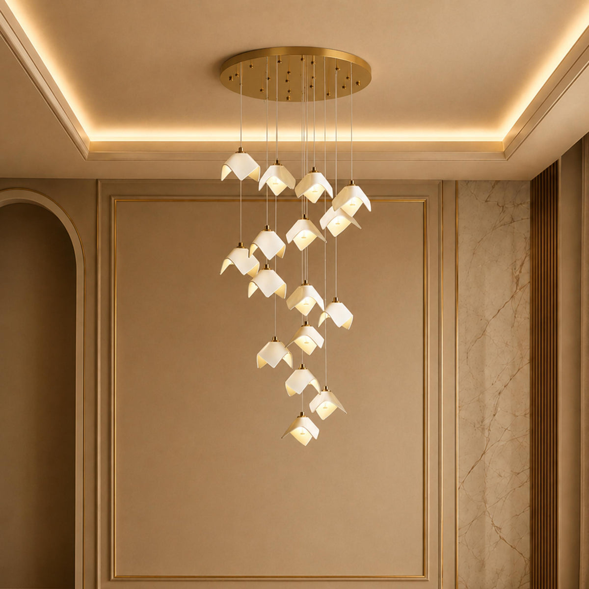 Ceramic Petal Cascade Chandelier Gold Iron Adjustable LED 7 to 64 Light
