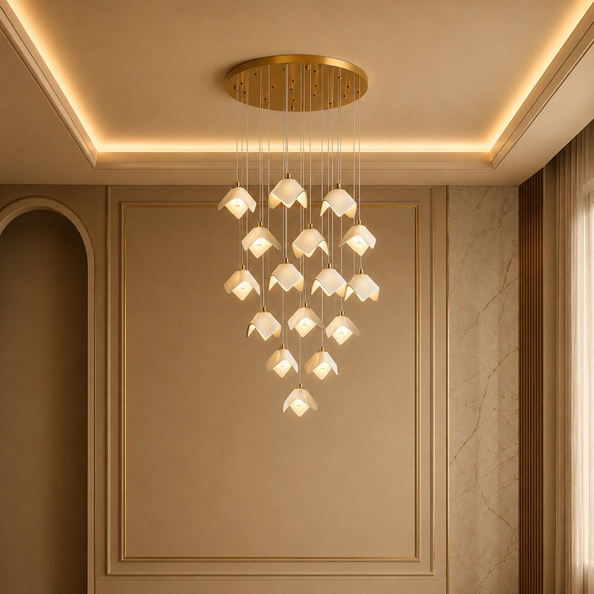 Ceramic Petal Cascade Chandelier Gold Iron Adjustable LED 7 to 64 Light