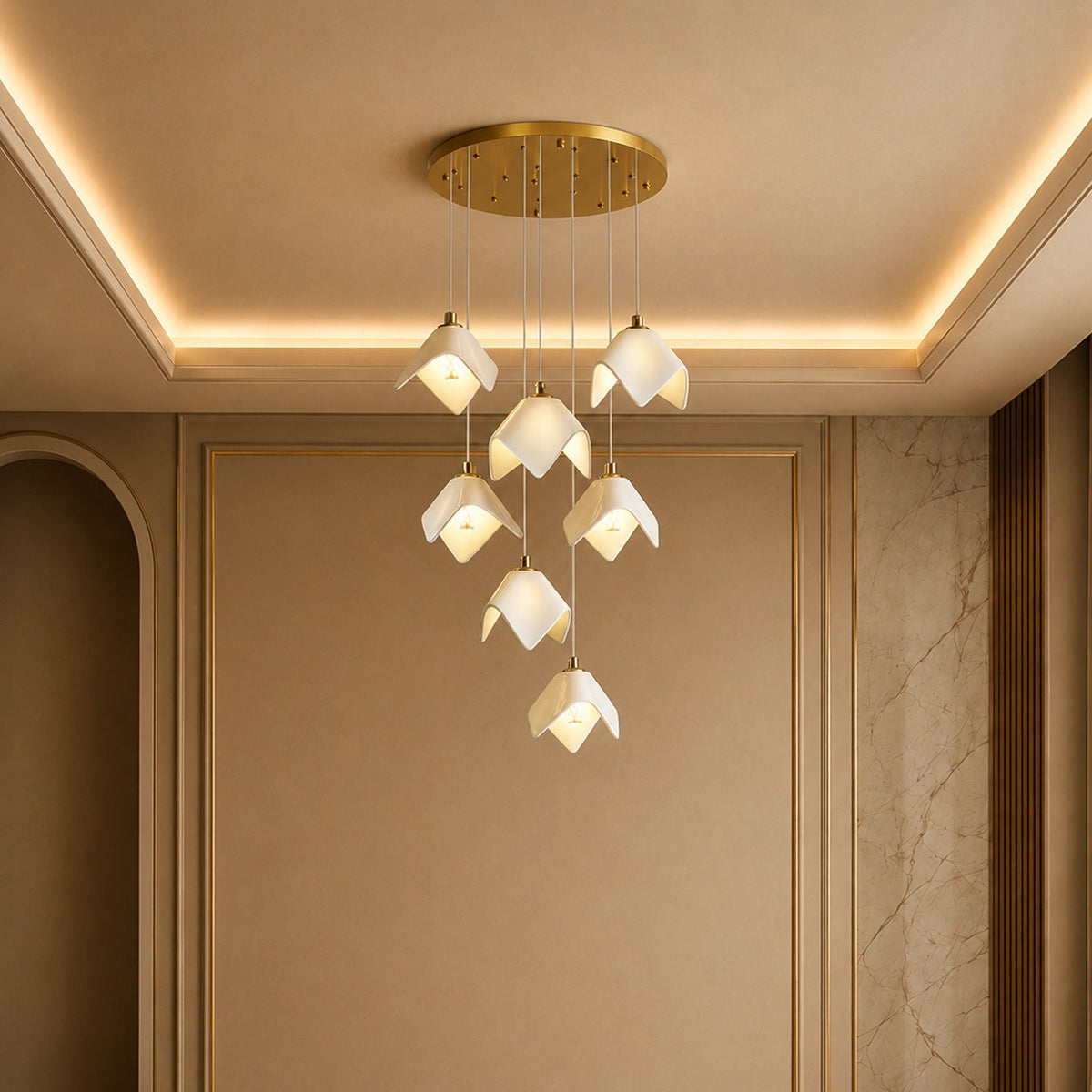 Ceramic Petal Cascade Chandelier Gold Iron Adjustable LED 7 to 64 Light