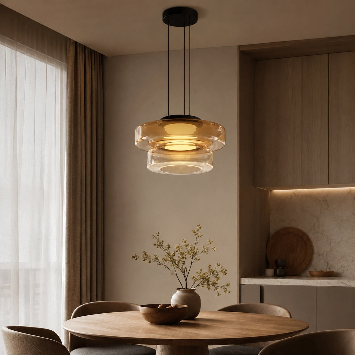 Mouth-Blown Tinted Glass Disc Layered LED Pendant Light for Dining Room