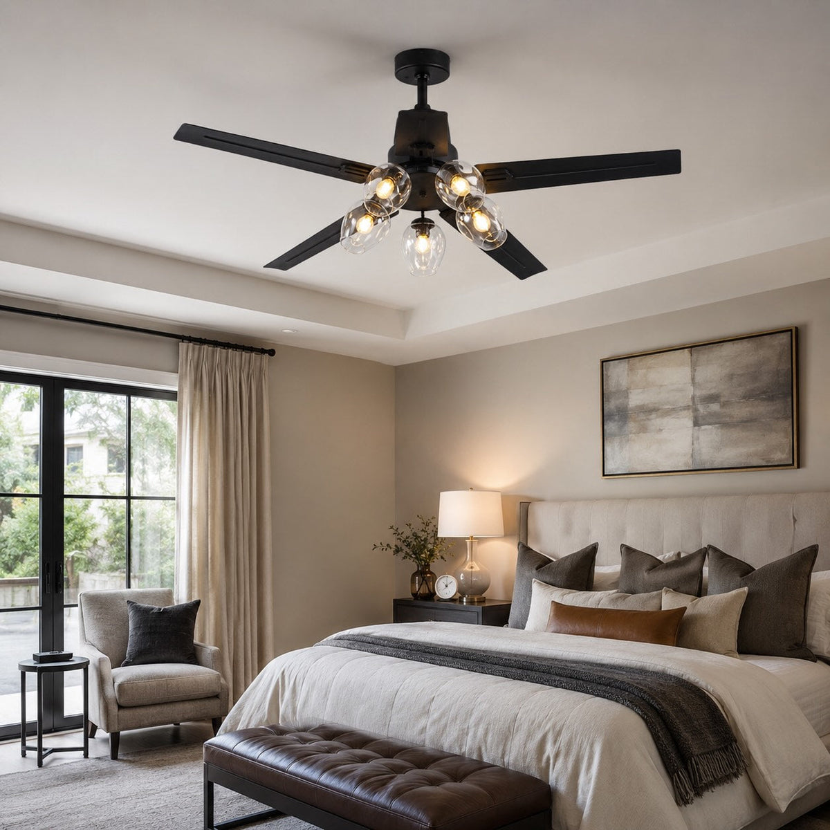 Industrial Black Metal Ceiling Fan with LED Light 3-Speed in Three Sizes