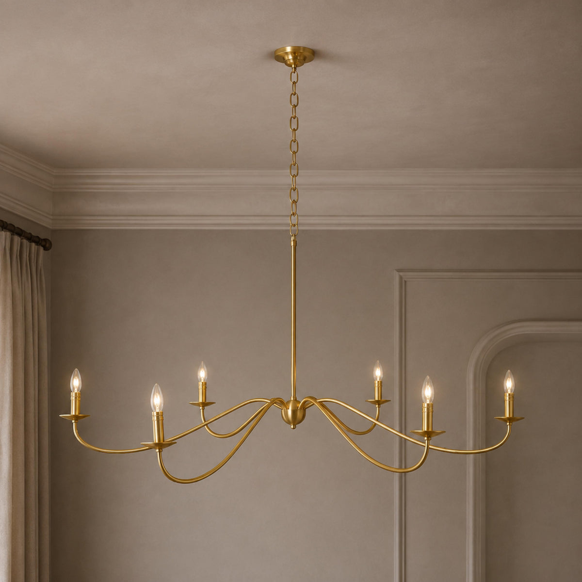Curved Arm Six Light Chandelier 160 cm Black Brass or Nickel for Dining Room