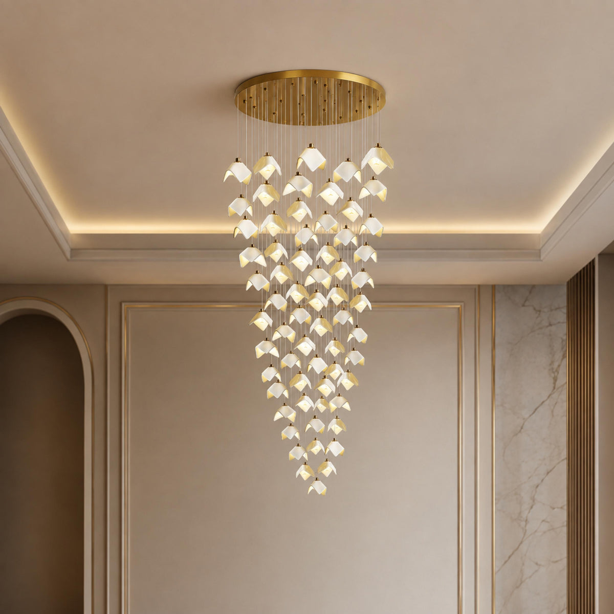 Ceramic Petal Cascade Chandelier Gold Iron Adjustable LED 7 to 64 Light