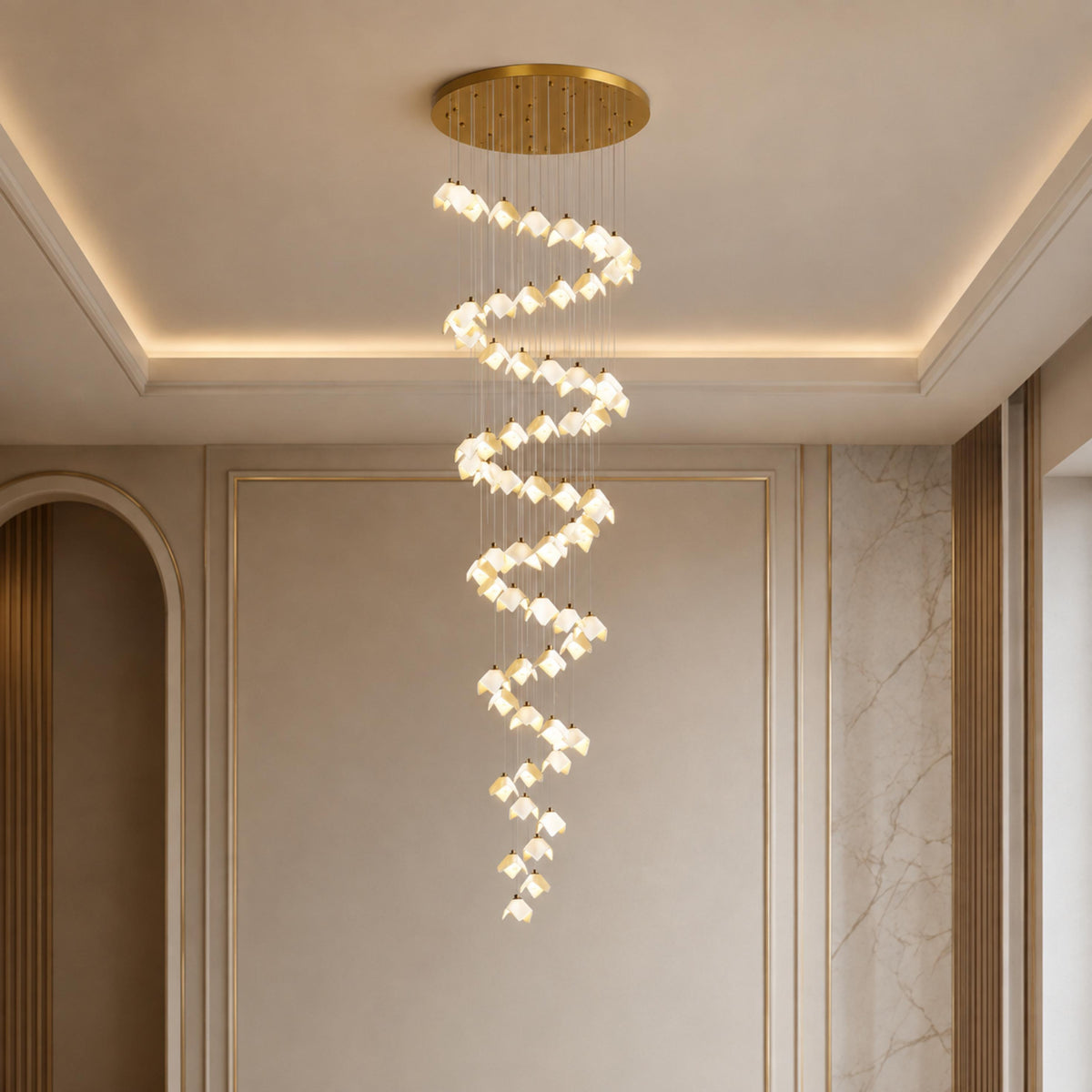 Ceramic Petal Cascade Chandelier Gold Iron Adjustable LED 7 to 64 Light