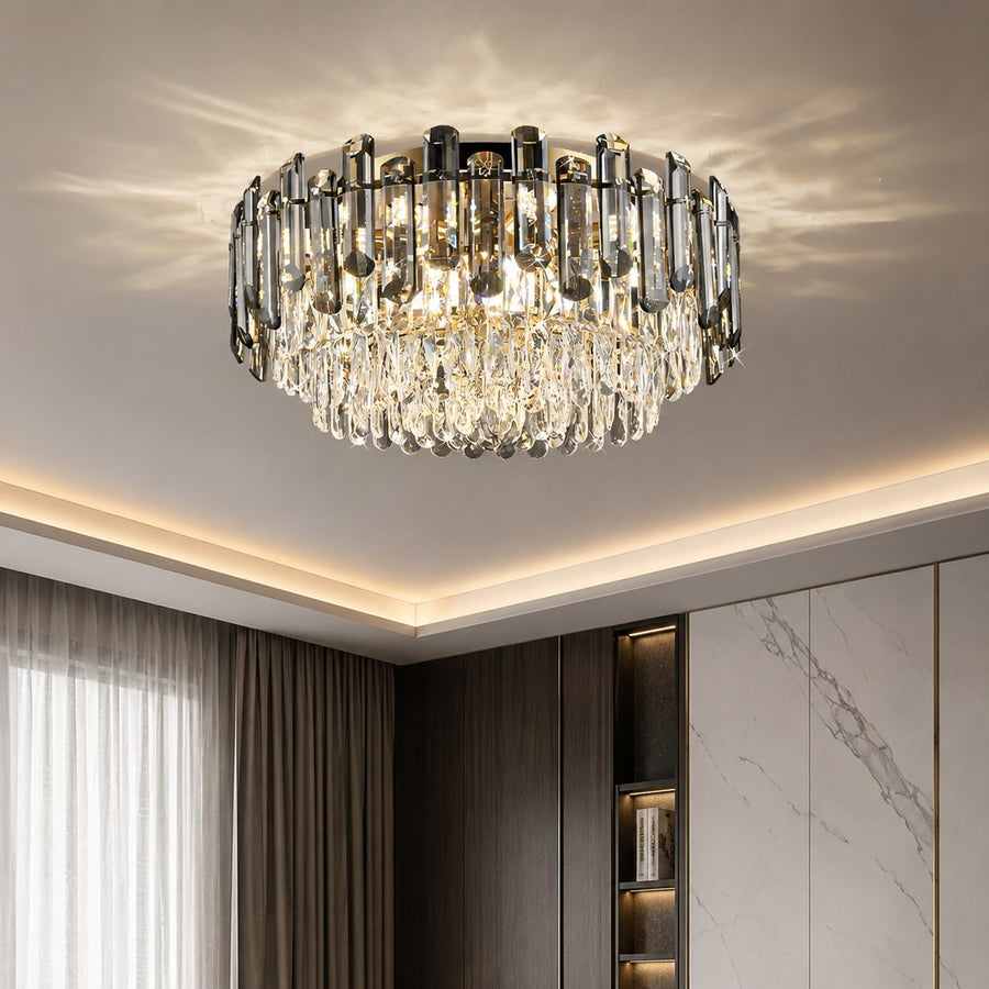 Crystal & Stainless Steel LED Flush Chandelier Round or Rectangle for Dining