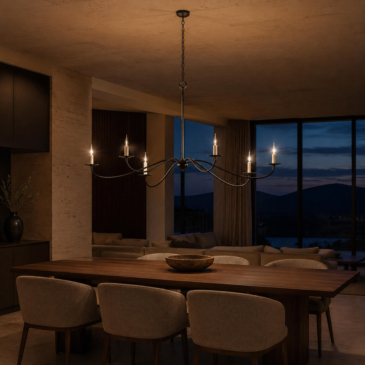 Curved Arm Six Light Chandelier 160 cm Black Brass or Nickel for Dining Room