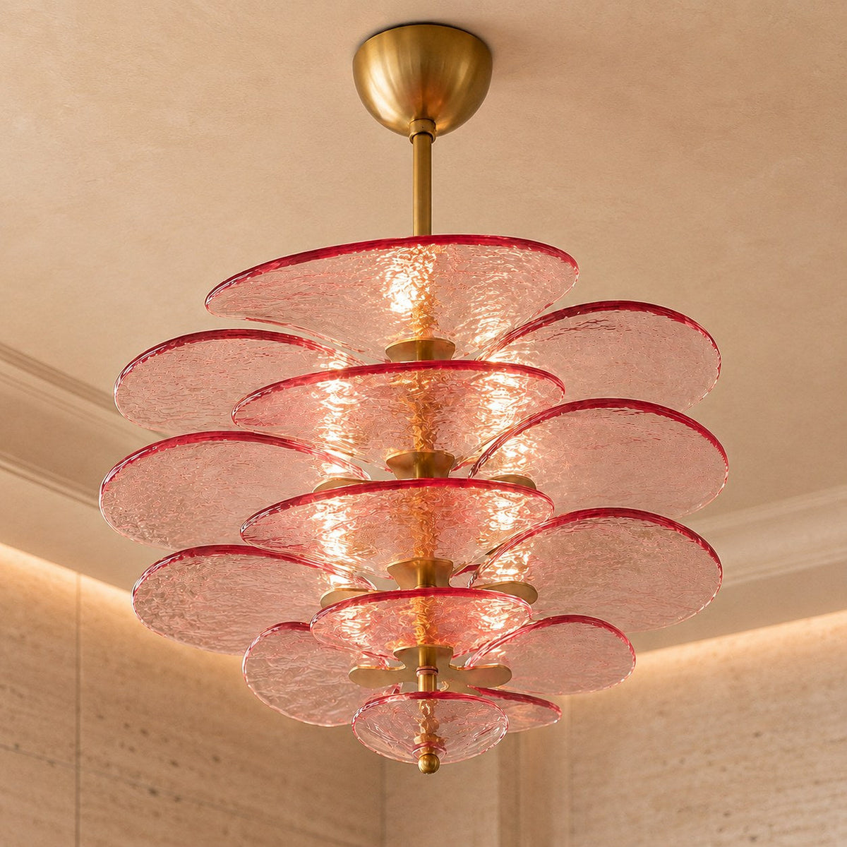 Layered Glass Leaf Chandelier in Copper with Clear Amber Pink or Green Glass