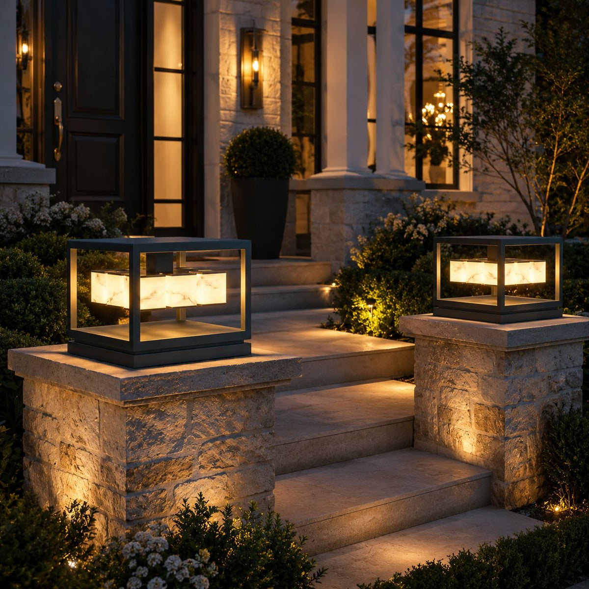 Layered Square Deck Post Light Stainless Steel Solar 12V or Hardwired Warm LED