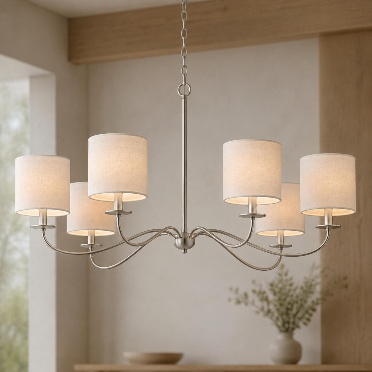 Curved Arm Six Light Chandelier 160 cm Black Brass or Nickel for Dining Room