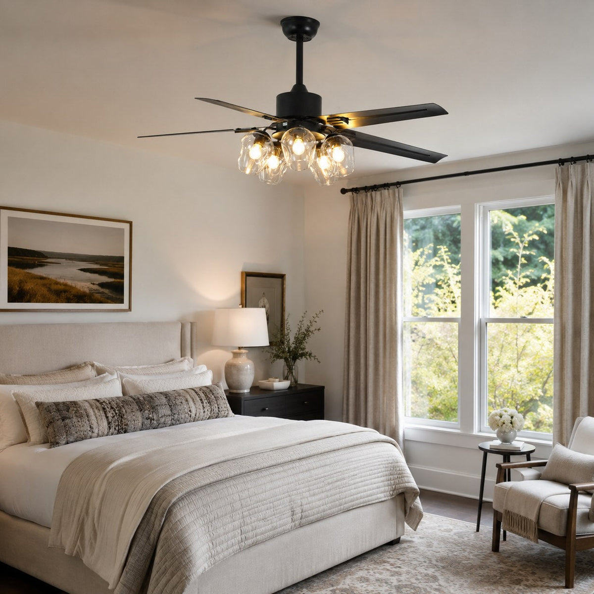 Industrial Black Metal Ceiling Fan with LED Light 3-Speed in Three Sizes