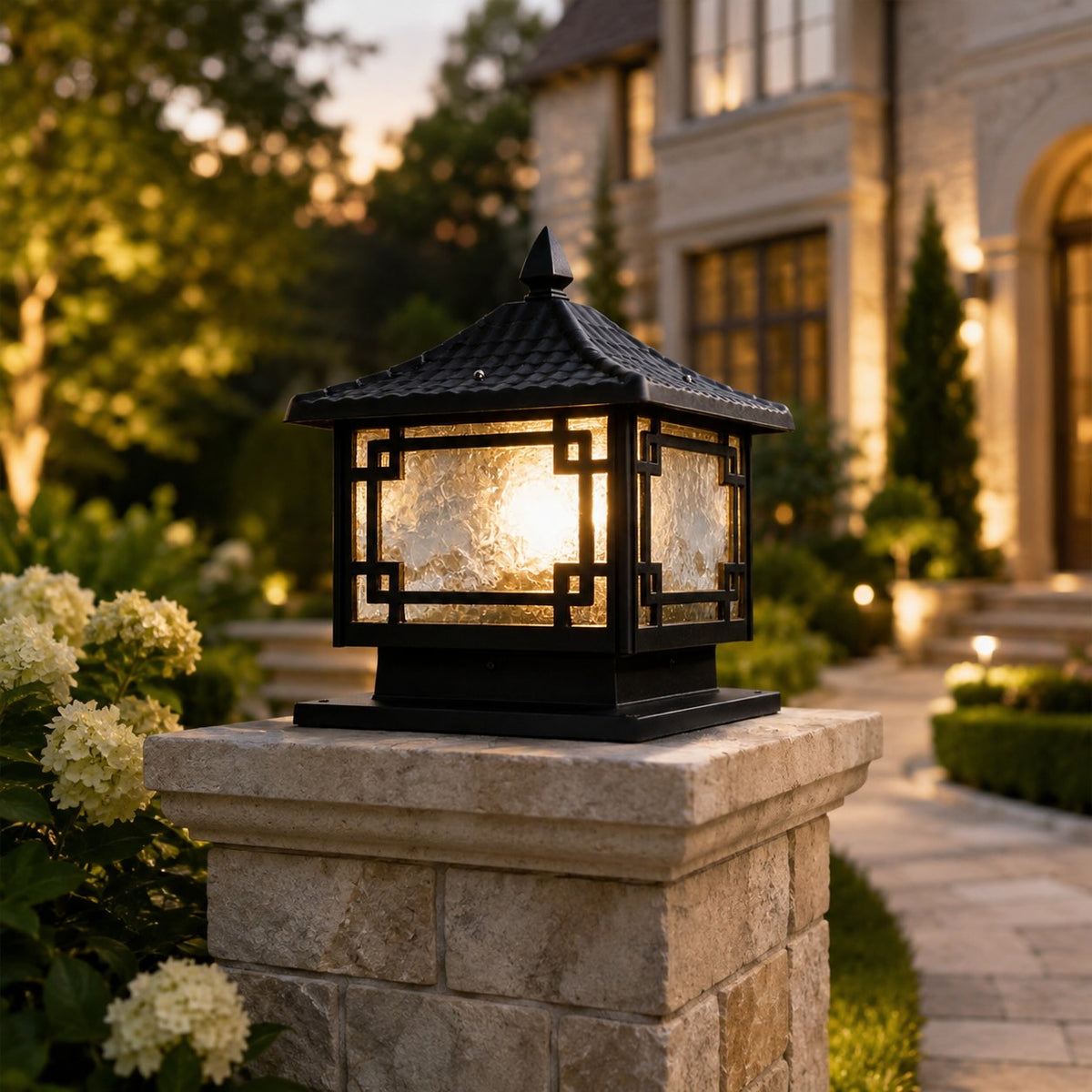 Coffee Gold Square Frosted Glass Pillar Light Solar or Hardwired for Garden IP54