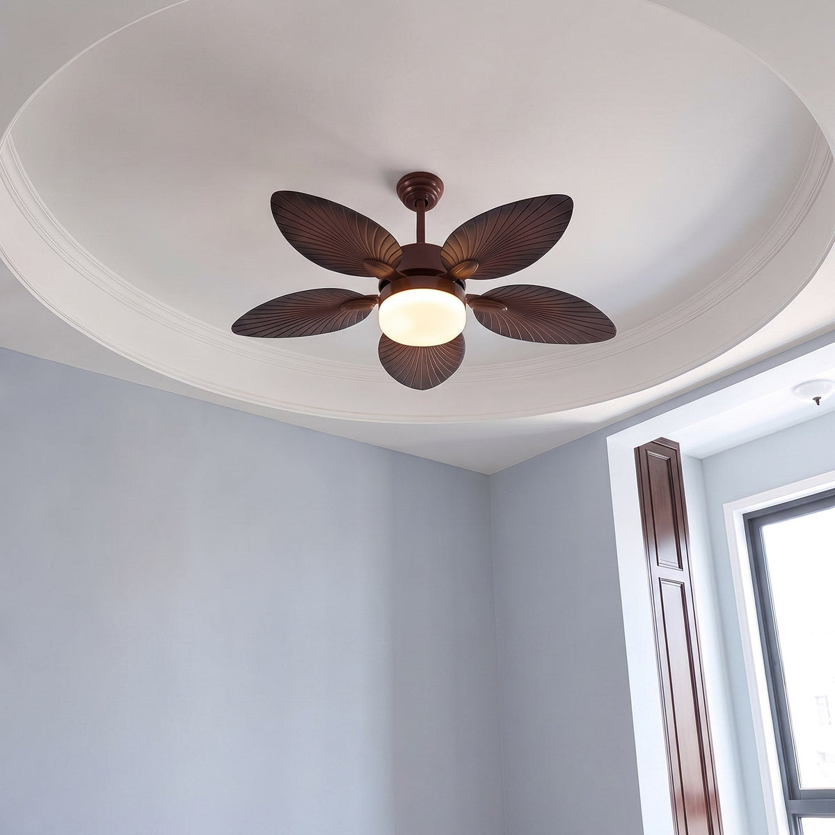 Banana Leaf Blade Ceiling Fan with Dimmable LED Light Copper Motor 107 or 132 cm