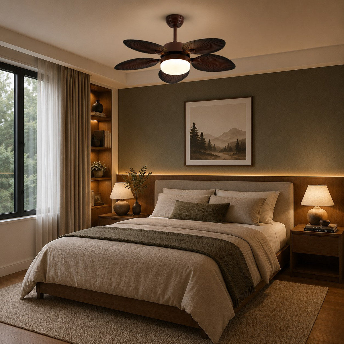 Banana Leaf Blade Ceiling Fan with Dimmable LED Light Copper Motor 107 or 132 cm