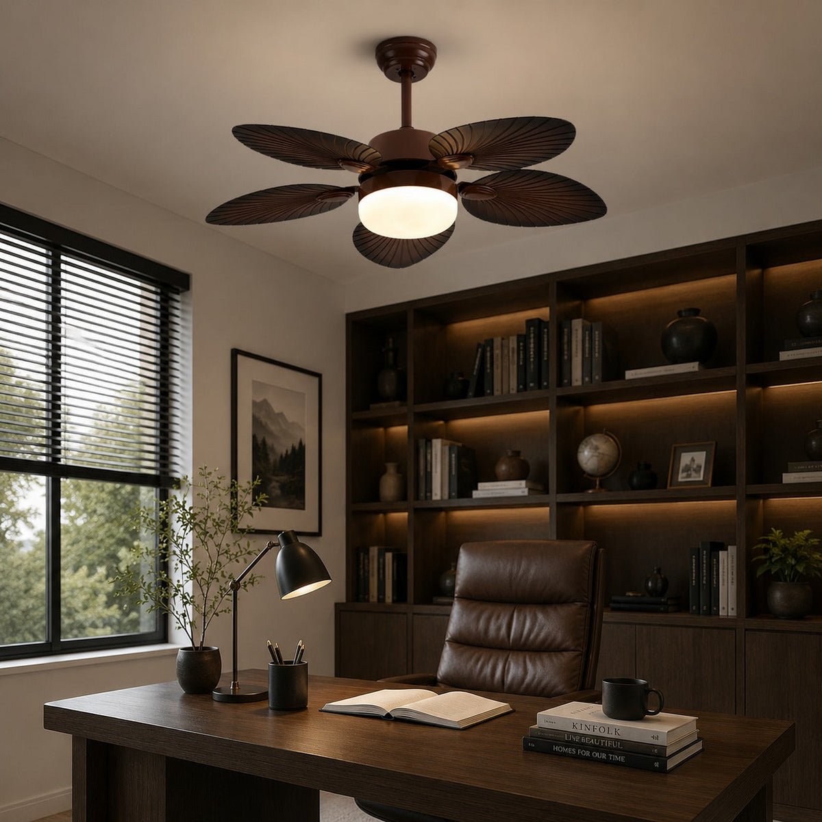 Banana Leaf Blade Ceiling Fan with Dimmable LED Light Copper Motor 107 or 132 cm