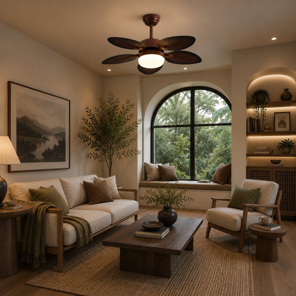 Banana Leaf Blade Ceiling Fan with Dimmable LED Light Copper Motor 107 or 132 cm