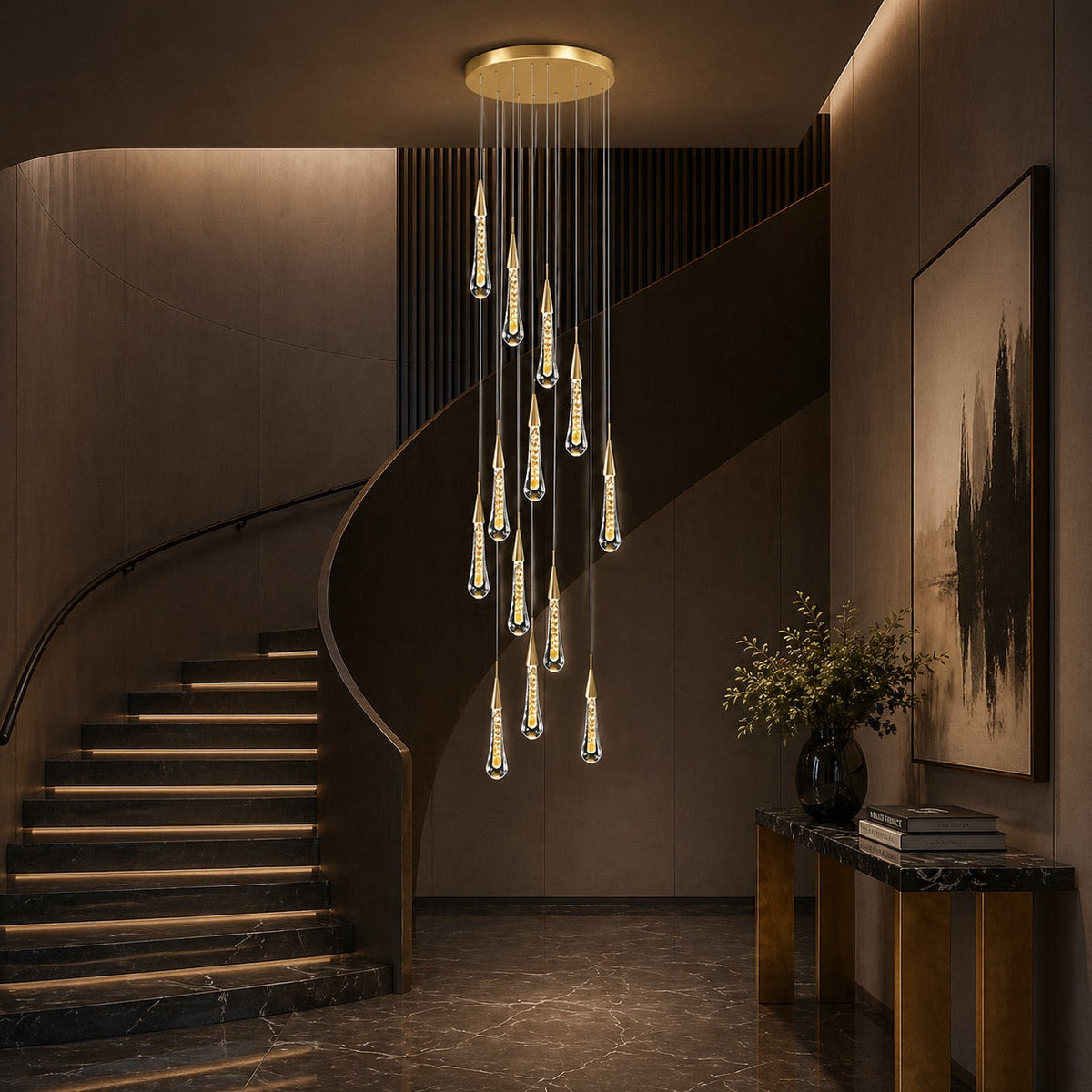 Long Crystal Pendant Cluster Chandelier 1 to 48 Heads Gold LED for Staircase