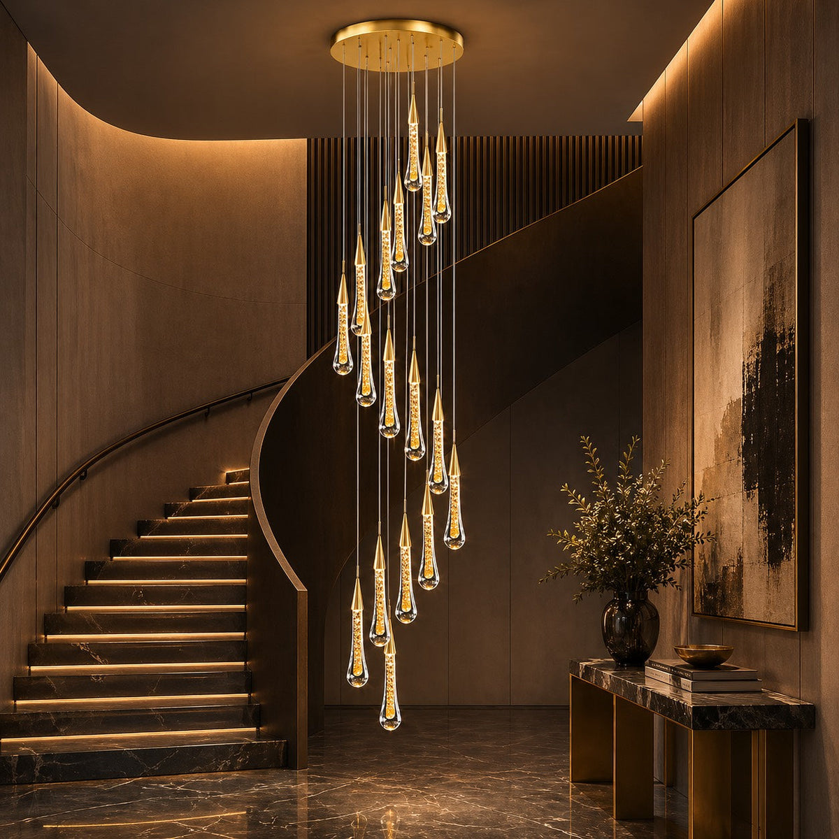 Long Crystal Pendant Cluster Chandelier 1 to 48 Heads Gold LED for Staircase